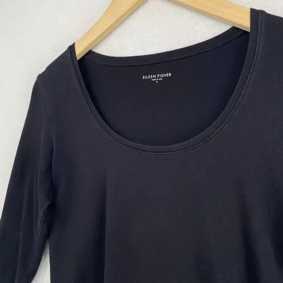 EILEEN FISHER Top S Stretch Organic Cotton Jersey Scoop Neck 3/4 Sleeve Black - Picture 2 of 10